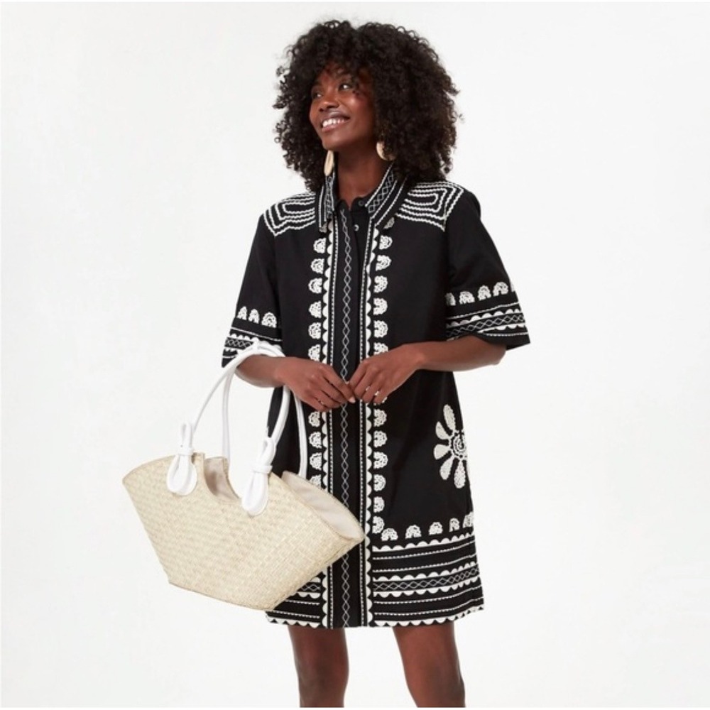 SEA New York Ryleigh Shirt Dress Embroidered Black White Size XL Boho Chic